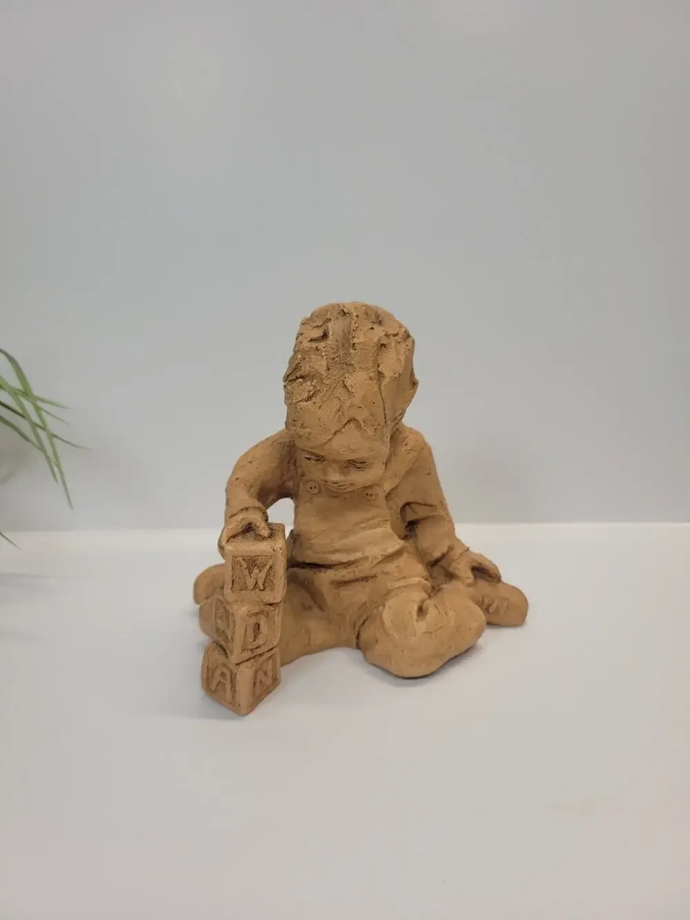 Vintage Lee Bortin Originals Clay Sculpture Boy With Alphabet Blocks Unglazed